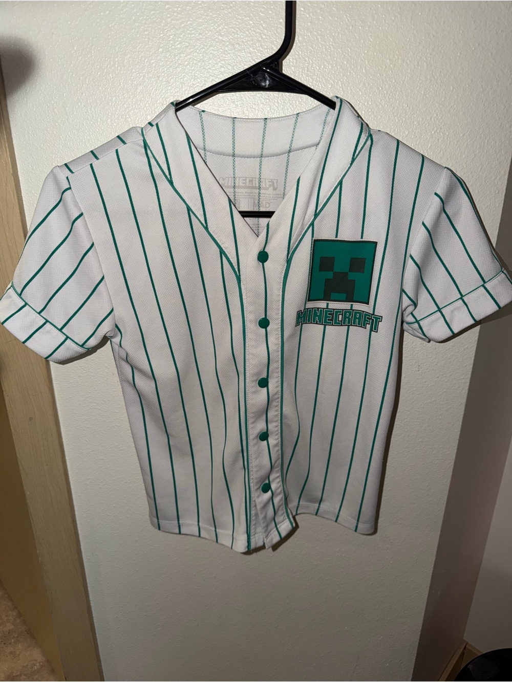 Minecraft Kids White Button-Front Baseball Shirt with Teal Stripes